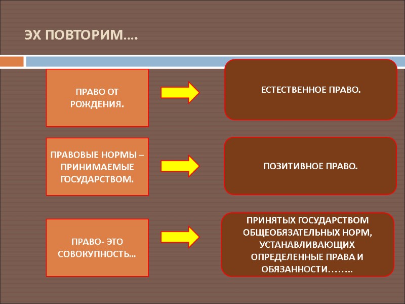 ЭХ ПОВТОРИМ…. ПРАВО ОТ РОЖДЕНИЯ. ЕСТЕСТВЕННОЕ ПРАВО. ПРАВОВЫЕ НОРМЫ –ПРИНИМАЕМЫЕ ГОСУДАРСТВОМ. ПОЗИТИВНОЕ ПРАВО. ПРАВО-